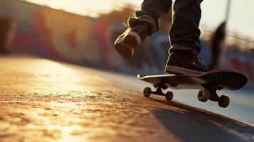 AI generated A dynamic shot of a person skateboarding in an urban environment, showcasing skill and movement photo