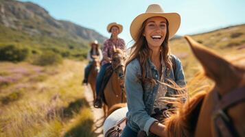 AI generated A group of friends laughing joyfully as they ride their horses along a scenic trail photo