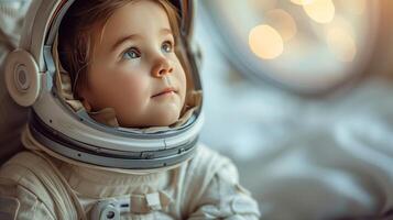 ai generado un pequeño uno vestido como un astronauta, soñando grande Sueños de espacio y más allá foto