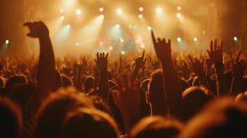 AI generated A lively concert crowd, hands raised, bathed in colorful stage lights, enjoying the music photo