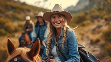 AI generated A group of friends laughing joyfully as they ride their horses along a scenic trail photo