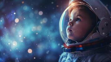 ai generado un pequeño uno vestido como un astronauta, soñando grande Sueños de espacio y más allá foto