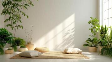 AI generated A peaceful meditation room adorned with plants and natural elements photo