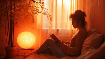 ai generado un pacífico escena de alguien leyendo un libro en un acogedor esquina con calentar Encendiendo foto