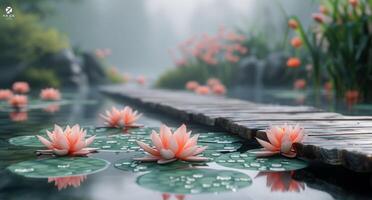 AI generated a pond with water lilies and wood walkways with flowers photo