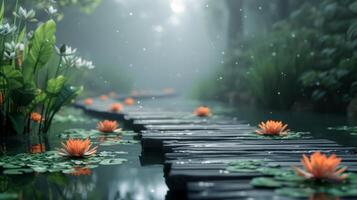 AI generated a pond with water lilies and wood walkways with flowers photo