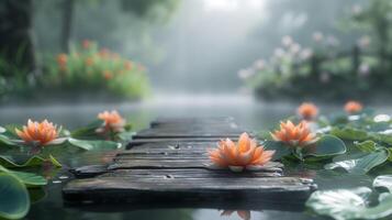 AI generated a pond with water lilies and wood walkways with flowers photo