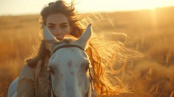 ai generado un jinete y su caballo Galopando mediante un abierto campo, viento despeinado su pelo y melena foto