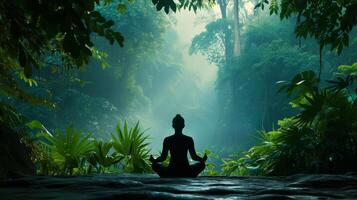 AI generated A serene individual meditating in a lush forest, surrounded by tranquil nature photo