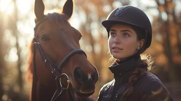 AI generated A serene moment captured between a rider and her horse, their connection palpable in their relaxed demeanor photo