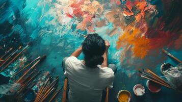 AI generated A serene shot captures a person immersed in painting, surrounded by vibrant colors and brushes photo