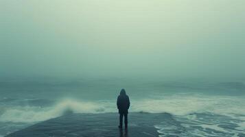 AI generated A small figure standing at the edge of the ocean, contemplating the vastness with curiosity and awe photo