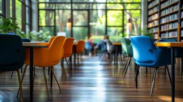 AI generated A study area in the library, equipped with spacious desks and ergonomic chairs for focused learning photo