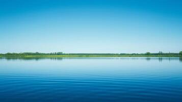 ai generado un tranquilo lago reflejando el claro azul cielo, creando un sentido de serenidad y interior paz foto