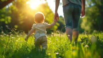 AI generated A toddler's first steps on a grassy field, with outstretched hands reaching for a parent's reassuring grip photo