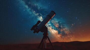 ai generado un telescopio silueta en contra un estrellado noche cielo, un puerta a el del universo misterios foto