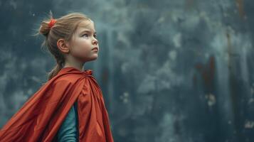 AI generated A youngster in a superhero cape, believing in the power to be anything. large copyspace area photo