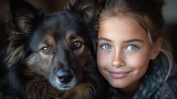 AI generated A young girl with radiant smile, patting the neck of her loyal companion with affection photo