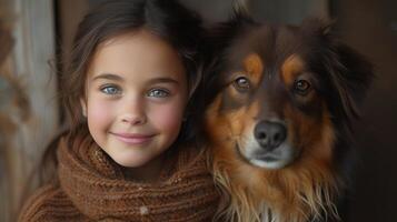 ai generado un joven niña con radiante sonrisa, palmaditas el cuello de su leal compañero con afecto foto