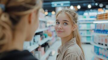 ai generado hermosa joven vendedora ayuda un comprador escoger productos cosméticos en un grande productos cosméticos Tienda grande copyspace zona foto