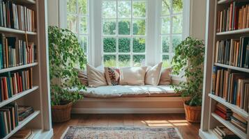 AI generated Chic reading nook nestled by a bay window, offering a serene retreat for book lovers photo