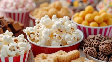 AI generated Cinematic popcorn and snacks arranged elegantly, ready for a cozy movie night at home photo