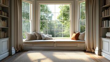 AI generated Chic reading nook nestled by a bay window, offering a serene retreat for book lovers photo