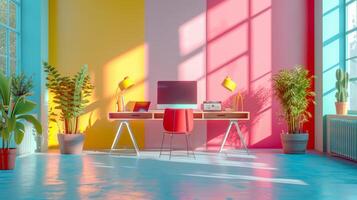 AI generated Clean lines and soft pastel colors suggest an open workspace conducive to creativity and collaboration photo