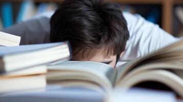 AI generated Close-up of a person studying with focused determination, surrounded by books and notes photo