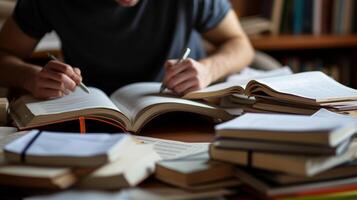 AI generated Close-up of a person studying with focused determination, surrounded by books and notes photo