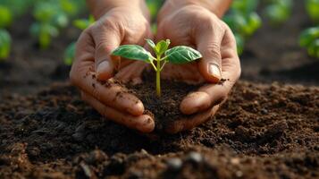 ai generado de cerca de manos jardinería, con suelo y plantas, transporte el amor para cultivo foto