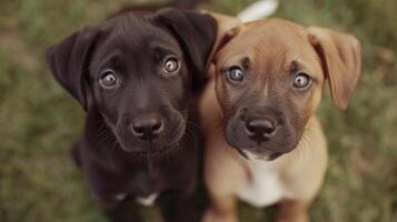 ai generado dos adorable cachorros mirada curiosamente dentro el cámara, su ojos lleno de inocencia y preguntarse foto