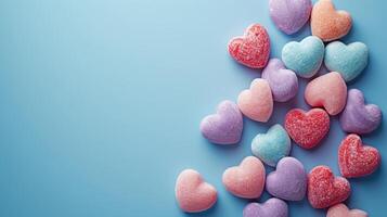 AI generated Creative arrangement of candy hearts, conveying messages of love and sweetness photo
