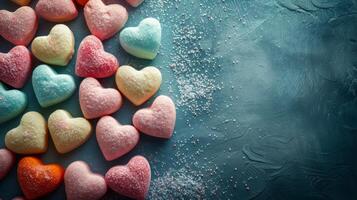 AI generated Creative arrangement of candy hearts, conveying messages of love and sweetness photo