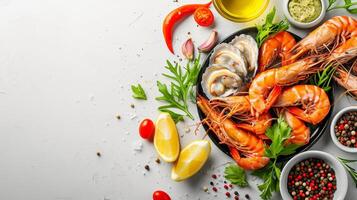 AI generated Deliciously plated seafood dishes, showcasing the benefits of a balanced diet photo