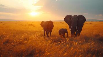 ai generado elefantes itinerancia libremente en vasto africano llanuras, su amable gigantes cautivador corazones foto