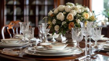 AI generated Elegant dining area set with fine china and fresh flowers, creating an atmosphere of refined hospitality photo