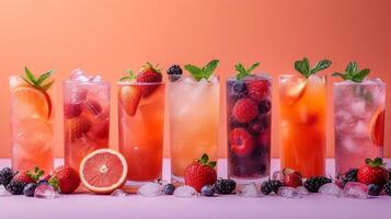 AI generated A minimalist canvas adorned with a variety of fruit-infused cocktails offers a burst of color and flavor. photo