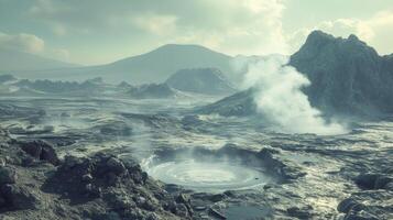 AI generated Geothermal energy wells releasing steam in volcanic landscapes, tapping into the Earth's heat photo