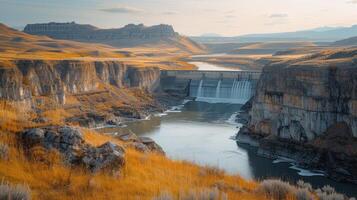 AI generated Hydropower dam spanning a river valley, providing clean energy to surrounding communities photo