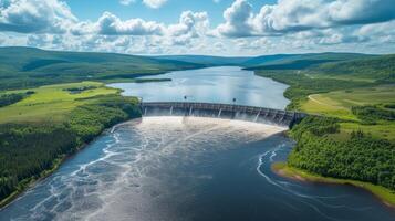 AI generated Hydropower dam spanning a river valley, providing clean energy to surrounding communities photo