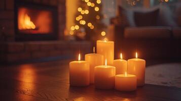 AI generated Inviting fireplace adorned with flickering candles, casting a soft glow across the room photo