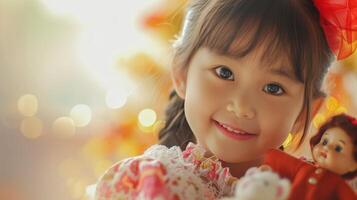 AI generated The happy girl radiates joyful innocence while playing with her dolls photo