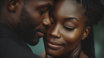 ai generado con un oferta mirada, el negro Pareja Comparte un momento de puro amar, capturado hermosamente en cámara foto