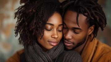 ai generado con un oferta mirada, el negro Pareja Comparte un momento de puro amar, capturado hermosamente en cámara foto