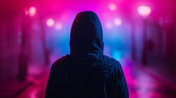 AI generated Soft neon glows accentuate the hacker's silhouette, adding a touch of mystery to the scene photo