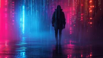 AI generated Soft neon glows accentuate the hacker's silhouette, adding a touch of mystery to the scene photo