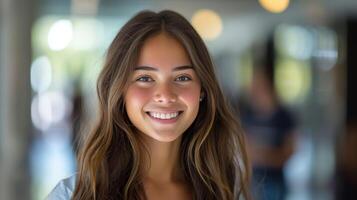 AI generated A young student beams with confidence, her eyes sparkling with enthusiasm as she faces the camera photo