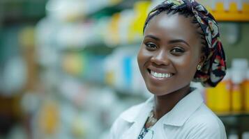 AI generated The young pharmacist beams with confidence, her smile illuminating the frame with positivity photo