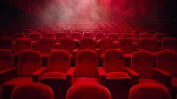 AI generated Red velvet theater seats bathed in soft light, inviting viewers to immerse themselves in a film photo